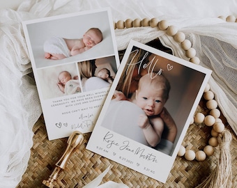 May include: Two baby announcement cards with photos of a newborn. One card says "Hello" with the baby's name, birth time, and weight. The other card has a collage of photos and a thank you message. A gold wax seal is also present.