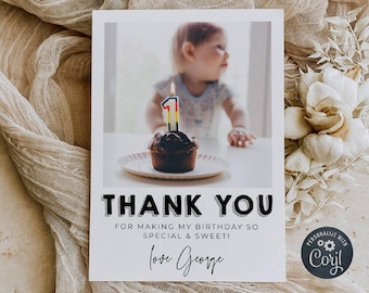 Modèle de carte de remerciement photo d'anniversaire, carte de faveur imprimable pour le premier anniversaire audacieux, modifiable fête d'enfants Merci, téléchargement numérique, #B6