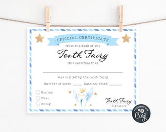 May include: A blue and white Tooth Fairy certificate, hanging from a clothesline. The certificate has a blue border and includes text such as "Official Certificate" and "Tooth Fairy." A cartoon tooth with a crown is also featured.