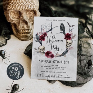 Adult Halloween Party Invitation Template, Printable Wreath Skulls Halloween Party Invite, Editable Costume Party Invite, Instant Download