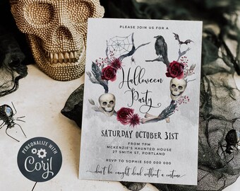 Adult Halloween Party Invitation Template, Printable Wreath Skulls Halloween Party Invite, Editable Costume Party Invite, Instant Download