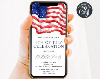 Electronic American Flag 4th Of July Party Invitation Template, Editable Patriotic Evite, Digital Modern July Fourth Invite Digital Download