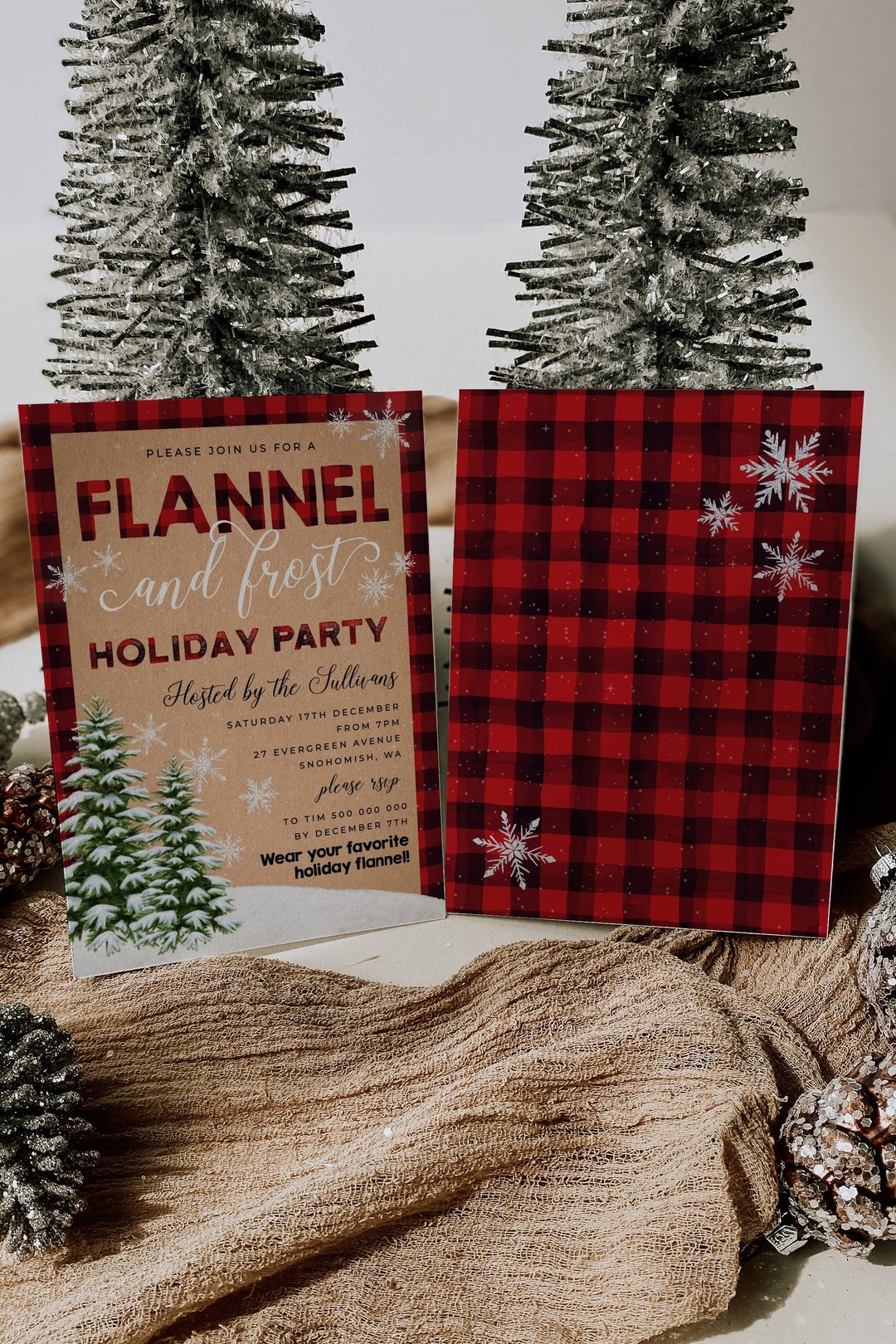 Flannel &amp; Frost Holiday Party Invitation Template, Printable Rustic ...