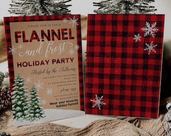 Flannel & Frost Holiday Party Invitation Template, Printable Rustic Plaid Christmas Party Invite, Editable Snow Invite, Digital Download