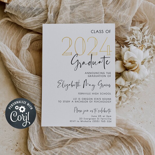 Minimalist 2024 Graduate Announcement Card, Printable Graduation Invitation Template, Editable Modern Grad Party Invite, Instant Download