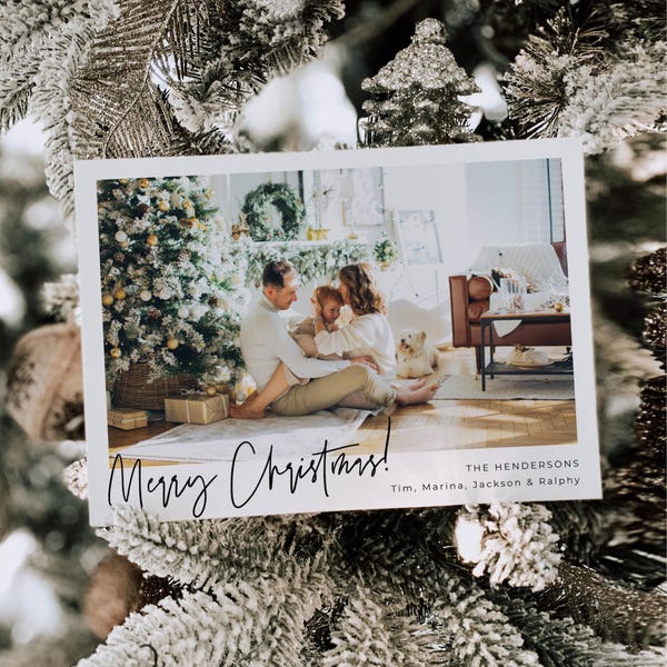 Modern Minimalist Photo Holiday Card Template, Printable Simple Christmas Card, Editable Family Picture Holiday Card, Digital Download