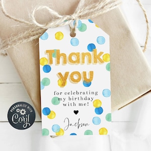 Blue Green & Yellow Spots Party Favor Tag Template, Printable Thank You Gift Tags, Editable Boy Birthday Confetti Tags, Instant Download #PD
