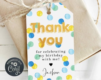Blue Green & Yellow Spots Party Favor Tag Template, Printable Thank You Gift Tags, Editable Boy Birthday Confetti Tags, Digital Download #PD