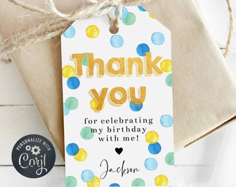 Blue Green & Yellow Spots Party Favor Tag Template, Printable Thank You Gift Tags, Editable Boy Birthday Confetti Tags, Instant Download #PD