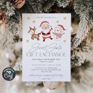 May include: Invitation to a Secret Santa gift exchange party with a watercolour illustration of Santa Claus, a snowman, and a reindeer. The party is hosted by Lisa and Sam on 10th December at 7pm. The address is 27 Smith St, Portland. RSVP by 3rd December to 555 000 000. Guests are asked to bring a wrapped gift with a £20 limit.