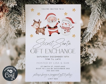 May include: Invitation to a Secret Santa gift exchange party with a watercolor illustration of Santa Claus, a snowman, and a reindeer. The party is hosted by Lisa and Sam on December 10th at 7pm. The address is 27 Smith St, Portland. RSVP by December 3rd to 555 000 000. Guests are asked to bring a wrapped gift with a $20 limit.