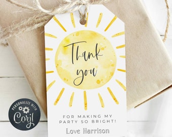 Bewerkbare Sun Birthday Favor Tag-sjabloon, afdrukbare Little Sunshine-cadeaukaartjes, First Trip Around The Sun-feesttags, digitale download, #S1