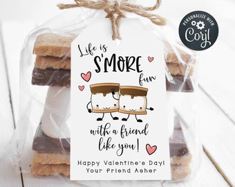 May include: A white gift tag with a s'more themed Valentine's Day message. The tag features two cartoon s'mores holding hands and the text "Life is S'MORE fun with a friend like you!"  Happy Valentine's Day! Your friend Asher.