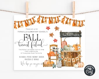 Fall Harvest Festival Invitation Template, Printable Fall Party Invite, Editable Rustic Autumn School Church Event Invite, Digital Download