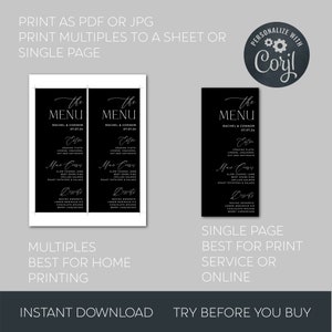 May include: Printable wedding menu template with a black background and white text. The text reads "The Menu" with the names Rachel & Connor and the date 07.07.24. The menu includes sections for Entrees, Main Courses, Desserts, and Salads. The text "Personalize with Corjl" is in a circle with a gear icon.