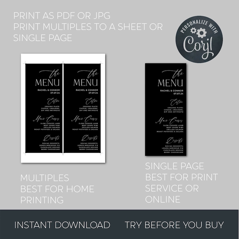 May include: Printable wedding menu template with a black background and white text. The text reads "The Menu" with the names Rachel & Connor and the date 07.07.24. The menu includes sections for Entrees, Main Courses, Desserts, and Salads. The text "Personalize with Corjl" is in a circle with a gear icon.