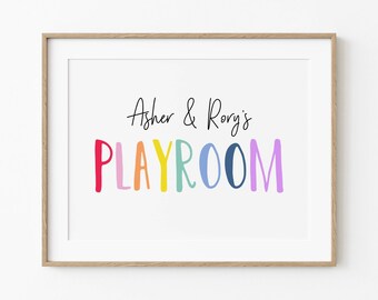 Gepersonaliseerde naambord speelkamer, afdrukbaar speelkamerdecor, bewerkbare namen speelkamer, regenboog speelkamerkunst, speelkamer voor broer of zus, digitale download