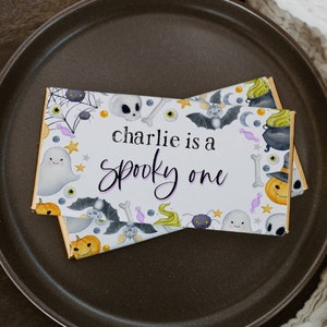 Spooky One Birthday Chocolate Bar Wrapper Template, Printable Halloween First Birthday Candy Bar Label, Editable Favor, Instant Download #H3