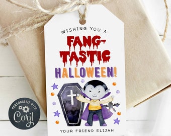 Fang-tastic Halloween Favor Tag Template, Printable Vampire Bat Coffin Gift Tags, Editable Spooky Trick Or Treat Bag Tags, Digital Download