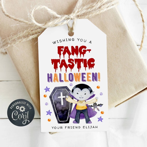 Plantilla de etiquetas de regalo de Halloween fantásticas, etiquetas de regalo imprimibles con forma de ataúd de murciélago vampiro, etiquetas editables para bolsas de truco o trato, descarga digital