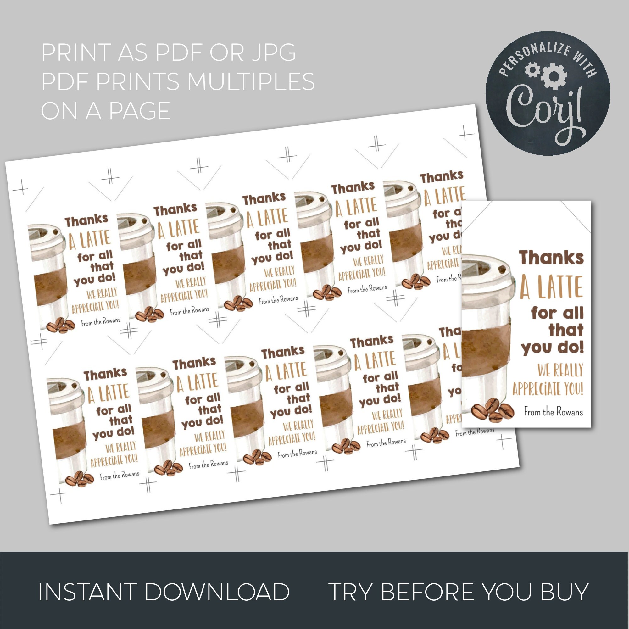 Thanks A Latte Gift Tag Template, Printable Teacher Appreciation Coffee ...