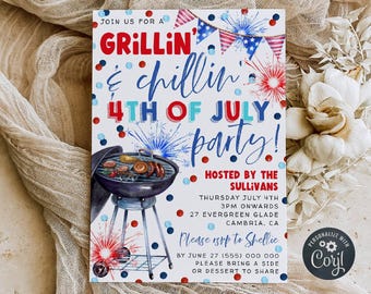 May include: A festive 4th of July party invitation with the words "Grillin' & Chillin'" in red and blue. The invitation includes a watercolor illustration of a grill, fireworks, and patriotic bunting. The text invites guests to a party hosted by the Sullivans.