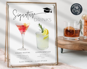 Graduation Signature Drinks Sign Template, Printable Grad Party Cocktail Sign, Editable College Graduate Bar Menu, Digital Download, #SG