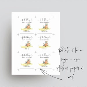 May include: A sheet of paper with six identical watercolor illustrations for a baby's library. Each illustration features a stack of books on a tree stump with the text "for the library of BABY SUMMERS" and "with love from..."