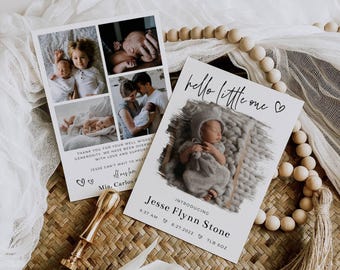 Może przedstawiać: Dwie karty z ogłoszeniem narodzin dziecka ze zdjęciami i tekstem. Jedna karta mówi "hello little one" i przedstawia Jesse Flynn Stone z danymi urodzenia. Druga karta ma kilka zdjęć i dziękuje darczyńcom.