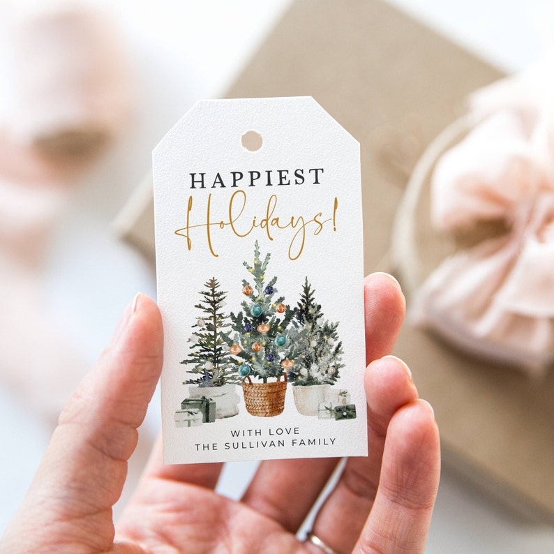 Christmas Trees Gift Tag Template, Printable Modern Holiday Favor Tag ...