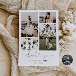 Plantilla de tarjeta de agradecimiento con foto editable, agradecimiento de boda de corazones modernos imprimibles, nota de agradecimiento boho minimalista, descarga instantánea, #HF