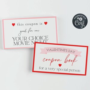 Plantilla de cupón editable para el día de San Valentín, libro de cupones imprimible para regalar a una pareja, cupones de amor personalizados, descarga instantánea