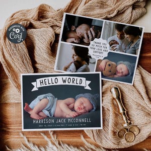 Modèle de faire-part de naissance Hello World, cartes de naissance imprimables avec photos, bannière simple modifiable, merci, téléchargement immédiat, bricolage
