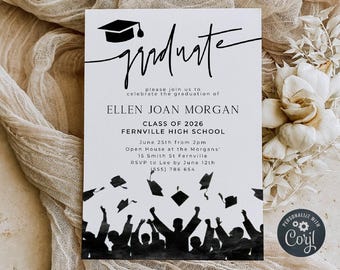 Silhouette Graduation Invitation Template, Printable Modern Graduate Announcement, Editable Minimalist Grad Party Invite, Digital Download