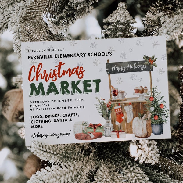 Editable Christmas Market Flyer Template, Printable Holiday Fair Invitation, Winter Community Church Festival Invite, Instant Download