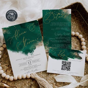 Plantilla de invitación de boda en acuarela esmeralda, paquete imprimible en verde cazador y dorado, RSVP moderna y editable, descarga instantánea, #WC4