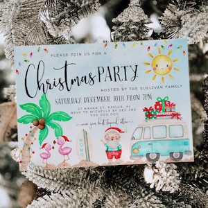 Tropical Christmas Party Invitation Template, Printable Summer Fun Holiday Invite, Editable Beach Christmas Party Invite, Instant Download