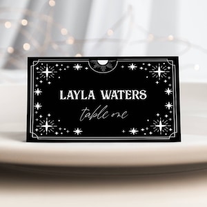 Plantilla para tarjeta de lugar de boda con cartas del tarot, decoración gótica para tarjetas de presentación de Halloween imprimible, tarjetas de asientos celestiales editables, descarga instantánea, n.° H9