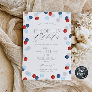 Minimal 4th Of July Invitation Template, Printable Elegant Confetti July Fourth Invite, Editable Patriotic Invite, Digital Download, #J5 image 1