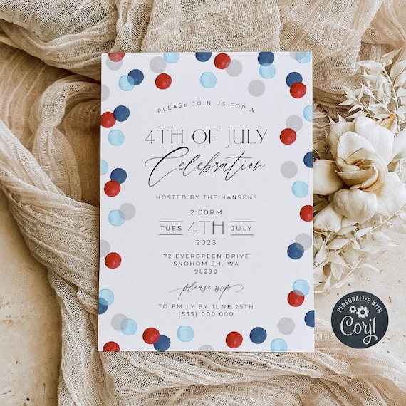 Minimal 4th Of July Invitation Template, Printable Elegant Confetti July Fourth Invite, Editable Patriotic Invite, Digital Download, #J5