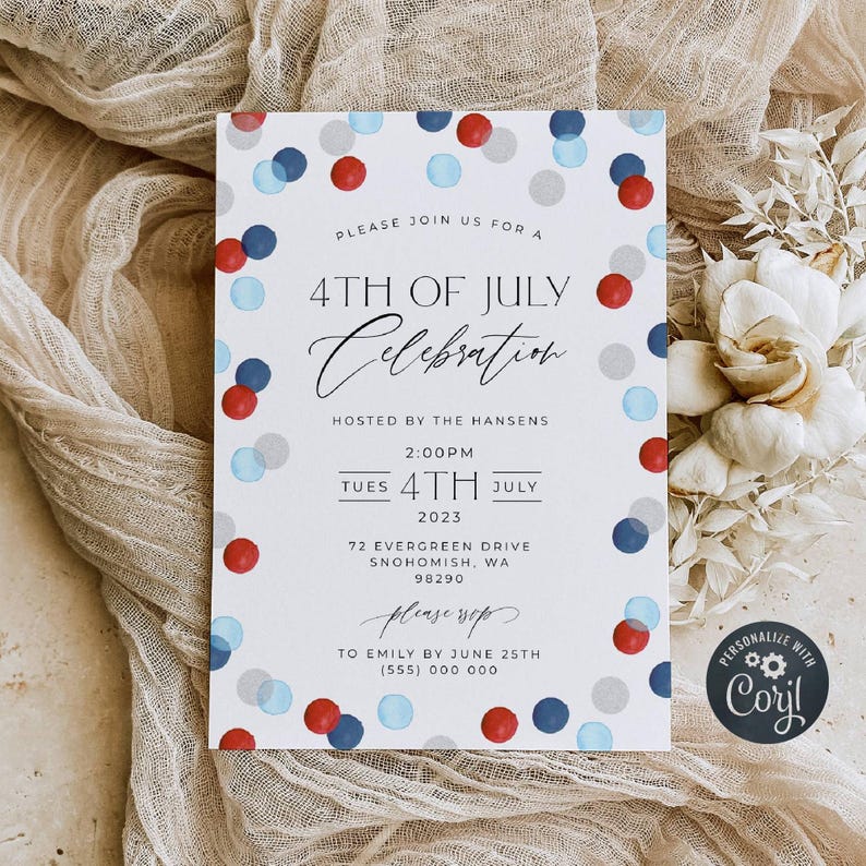Minimal 4th Of July Invitation Template, Printable Elegant Confetti July Fourth Invite, Editable Patriotic Invite, Digital Download, #J5 image 1