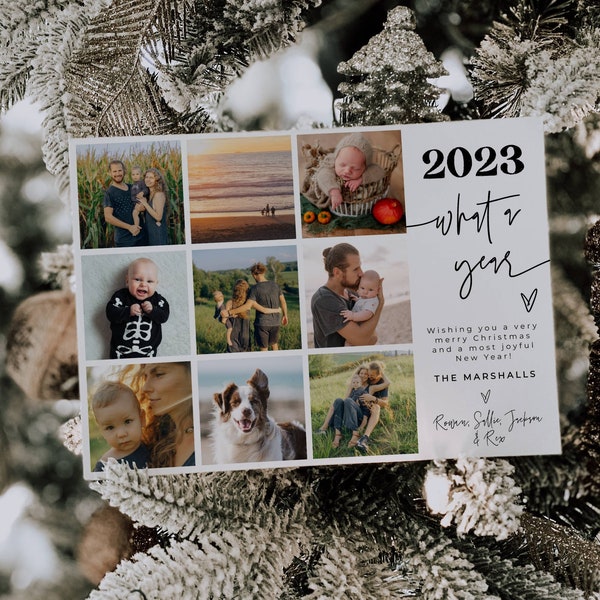 2023 Photo Collage Holiday Card Template, Printable Modern Christmas Card, Editable Minimalist What A Year Holiday Card, Instant Download