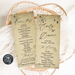 Programmasjabloon voor Halloween Gothic-bruiloft, afdrukbare Vintage Spooky Orde van ceremonie, bewerkbaar Haunted Party-programma, direct downloaden, #H8