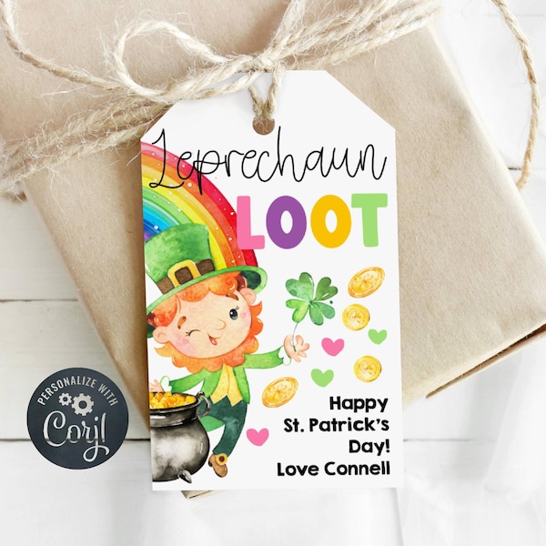 Leprechaun Loot Gift Tag Template, Printable St. Patrick's Day Favor Tags, Editable Rainbow Kids School Class Tag, Digital Download