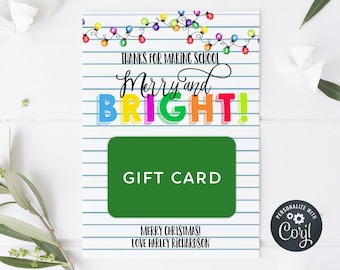Christmas Merry & Bright Thank You Template, Printable Holiday Gift Card Holder, Editable Lights Teacher Appreciation Tag, Digital Download