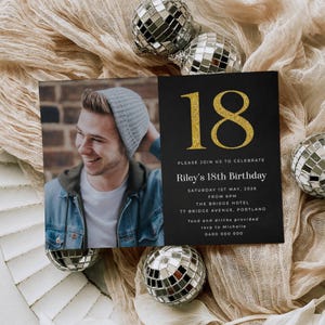 Editable 18th Birthday Photo Invitation Template, Printable Gold Glitter Eighteen Invite, Modern Simple Any Age Birthday, Digital Download