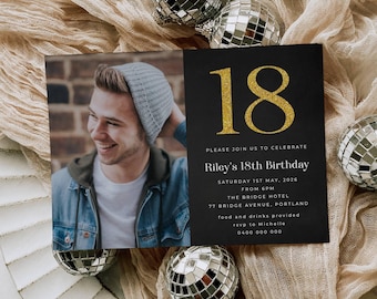 Editable 18th Birthday Photo Invitation Template, Printable Gold Glitter Eighteen Invite, Modern Simple Any Age Birthday, Digital Download