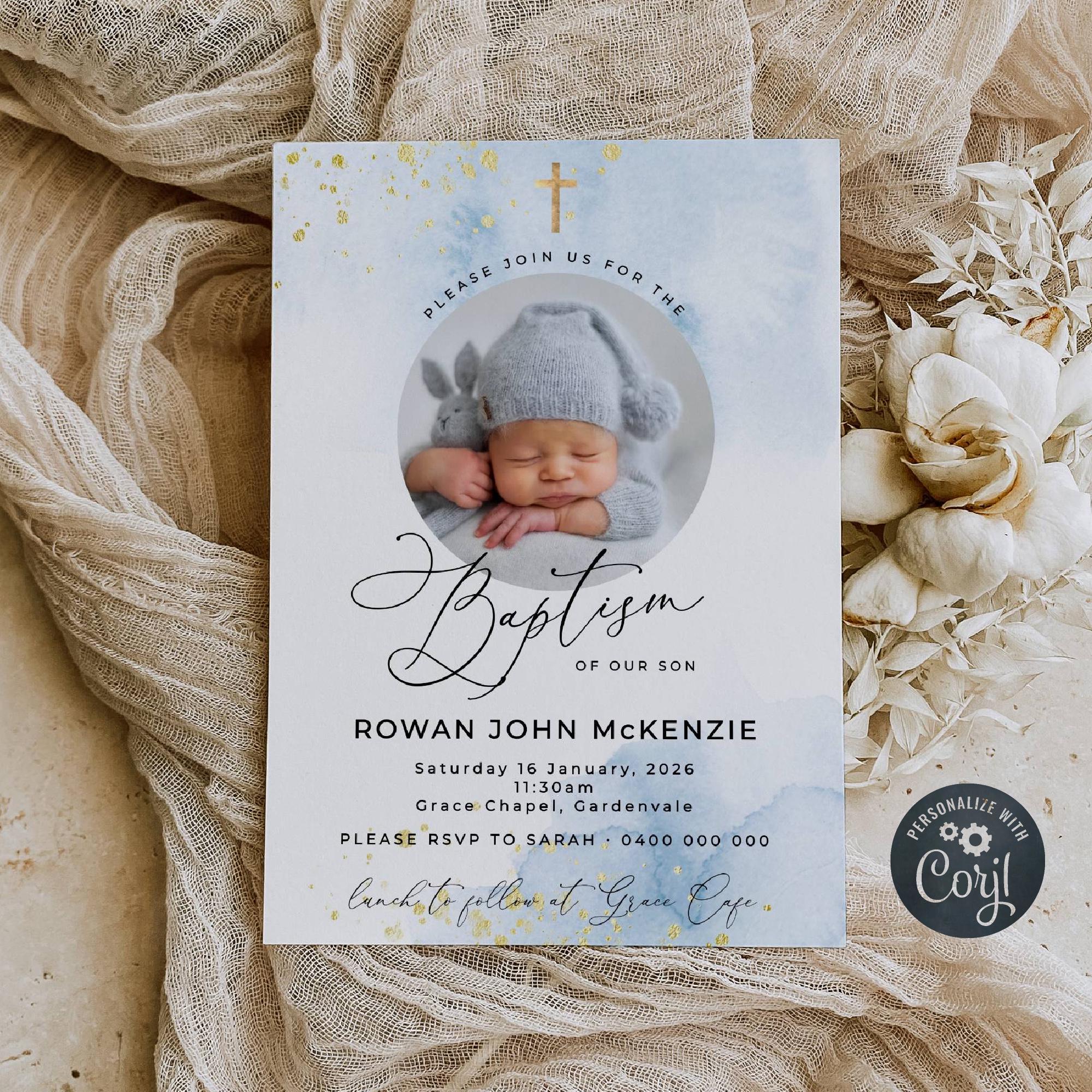 Blue \u0026 Gold Baptism Photo Invitation Template, Printable Baby Blue  Watercolor Christening Invite, Editable Boy Invite, Instant Download, #BB -  Etsy, image size:2000x2000