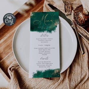 Smaragd Aquarell Menüvorlage, druckbare Hochzeitstischkarte in Jägergrün & Gold, bearbeitbare moderne Abendmenüs, Sofort Download, #WC4