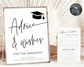 Afstudeeradvies en wensen kaart- en bordsjabloon, afdrukbaar modern advies voor de afgestudeerde, bewerkbaar afstudeerfeestspel, digitale download, #SG
